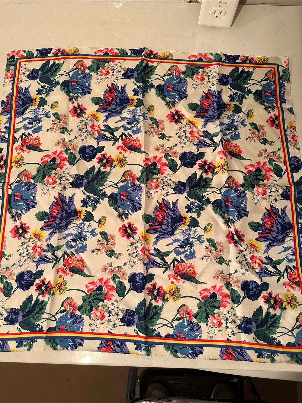 J. Crew Floral Multicolor Square Silk Scarf  with Blue and Pink Blooms